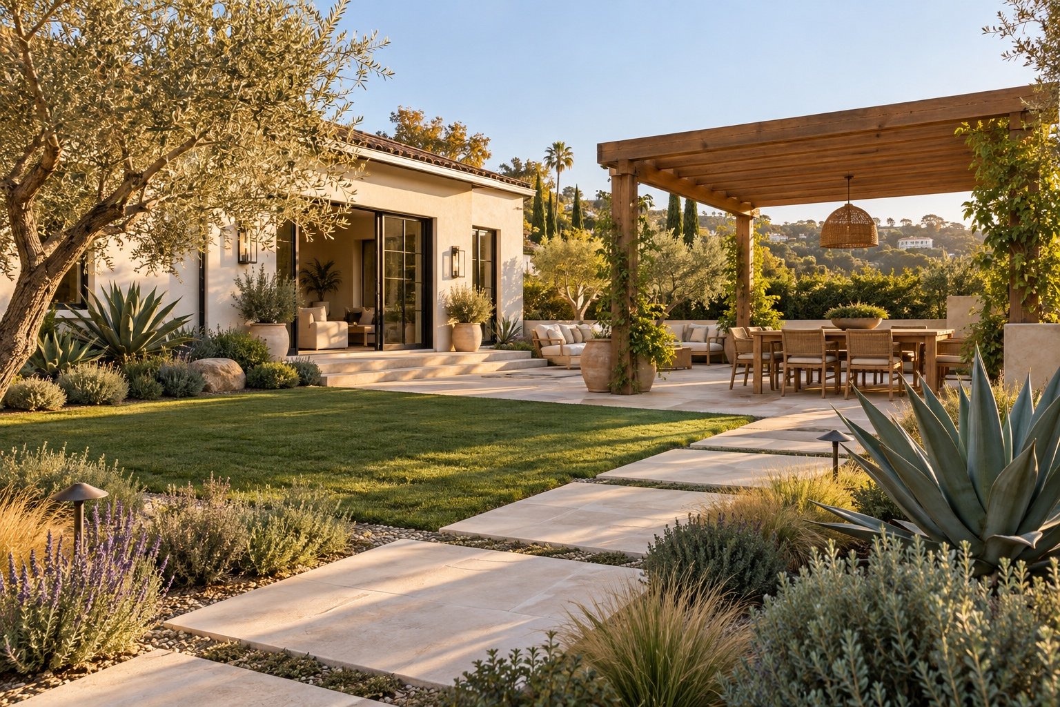 California garden concept with olive trees, limestone paths and a timber pergola