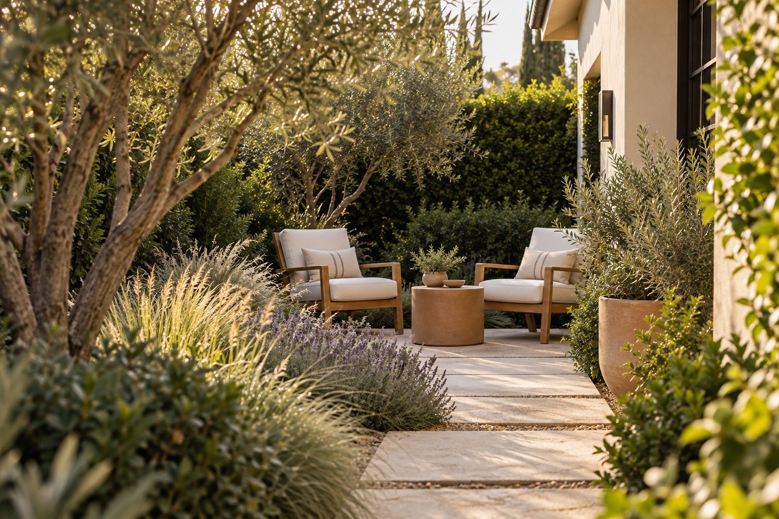 Quiet California garden seating nook concept